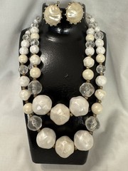 Vintage 2 Strand Glamorous Large Baroque Pearls Necklace & Clip Earrings Set