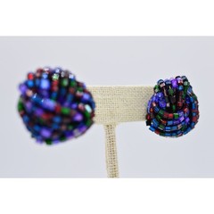 Vintage Beaded Earrings Knot Purple Navy Metallic Multi-Color Post 1980s BinAF
