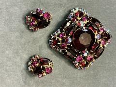 VTG JULIANA DeLIZZA ELSTER RED FUCHSIA RHINESTONE BROOCH EARRINGS SET PARURE