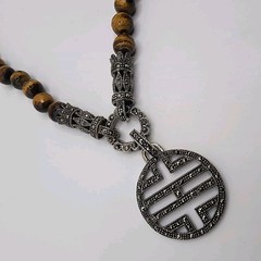 Tigers Eye Marcasite Convertible Bead Necklace Vintage Asian Inspired Charm Boho