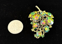 VTG Signed WEISS Gold Tn WATERMELON RIVOLI Rhinestone GRAPES CLUSTER Pin Brooch