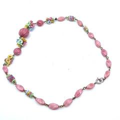 Art Deco Pink Satin Flower Melon Molded Glass Beaded 16.5″ Antique Necklace