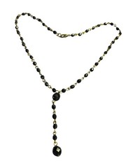 Vtg 90s Y Necklace Black Faceted Glass Beaded Chain Goldtone Lobster Clasp 16 in