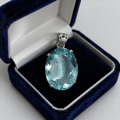 Premium Aqua Blue Topaz Necklace 65 Ct | Oval Cut in Silver & Gold Prongs