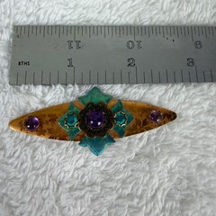 Vintage Copper Verdigris Brooch Purple Teal Crystal Floral Filigree Pin 2.5″
