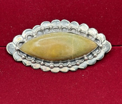 Antique sterling silver Jade brooch orange yellow green 1850-1910 Mexico