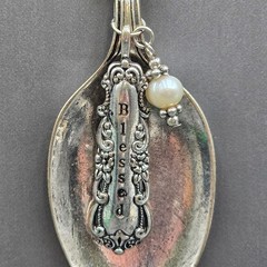 Vintage Blessed Spoon Pendant Necklace Silver Pearl Long Boho Statement Piece