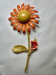Vintage Orange Yellow Metal Enamel Daisy Flower Floral Brooch Pin 4.25” Spring