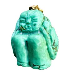Vintage Semi Precious Turquoise Carved Buddha Budai Charm Pendant Hear No Evil