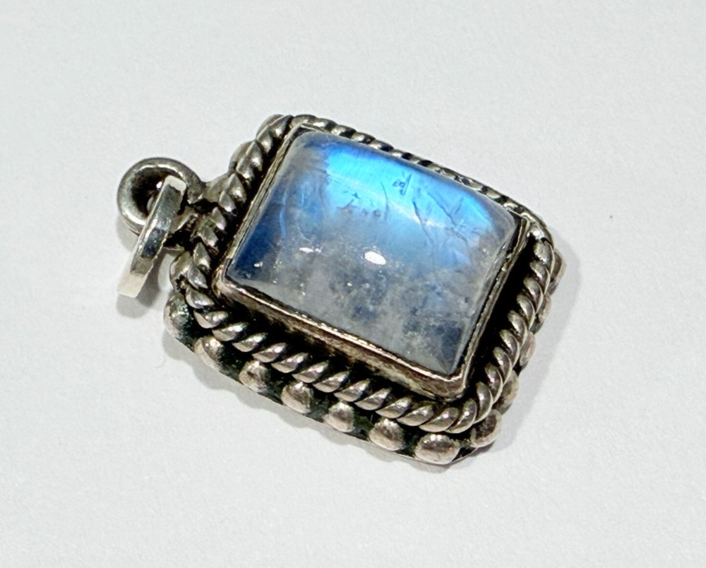 Vintage Sterling Silver Blue Moonstone Rectangular Cabochon Pendant Charm .75 In