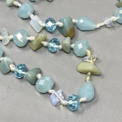 Designer Glass Stone Necklace Blue Chip Teardrop Round Surface Coated Knotted 38