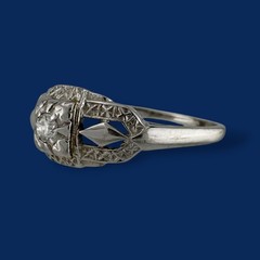 Vintage Art Deco 14K White Gold Old European Cut Diamond Filigree Ring Size 7