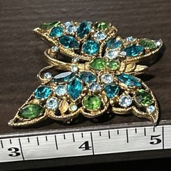 VINTAGE REGENCY SIGNED GOLD GILT TEAL BABY BLUE GREEN RHINESTONE BUTTERFLY