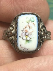 Vintage Hand Painted Porcelain Floral Cabochon Ring Ornate Silver Tone Filigree