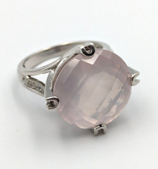 Sterling Silver 925 Checkerboard Cut Pink Chalcedony Clear Topaz Ring Sz 6
