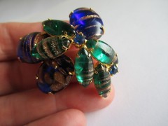 Vintage blue green rhinestone Glass brooch pin
