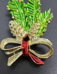 Enamel Pine Cone Fir Branch Bow Holiday Christmas Pin Brooch Gerrys Goldtone 2″