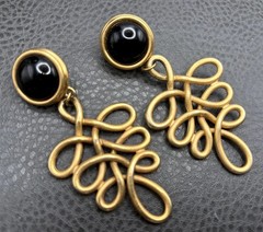 Vintage Huge 80s Runway Dangle Gold Tone Black Filigree Loop Drop Clip Earrings