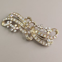 Rhinestone Ribbon Bow Brooch Clear AB Flowers Gold Tone 3.25″