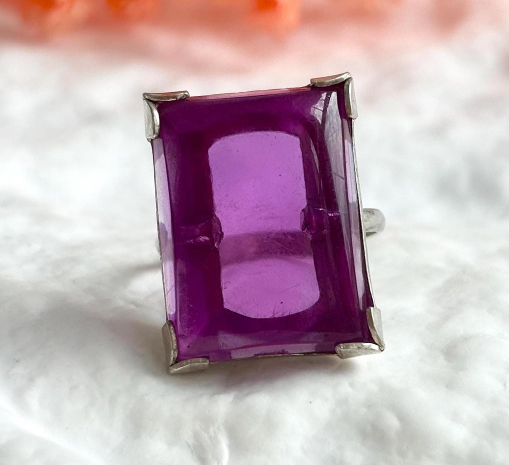 Faux Amethyst Stone Sterling Silver XL Solitaire 925 Vintage Ring – sz 6.5