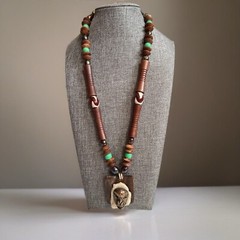 Vintage Handmade Artisan Wood Glass Brass Tribal Mask Beaded Leather Necklace