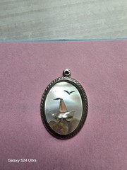 Vintage Handmade Beautiful Silver Mother Of Pearl Sailboat Ocean Pendant