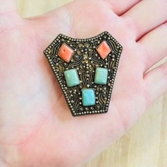 Antique Turquoise Coral Dress Clip Pin VTG Floral Chinese Export China 800 Rare