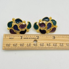 Vintage Necklace Earrings Set Enamel Omega Chain Gold Tone Pink Purple Green