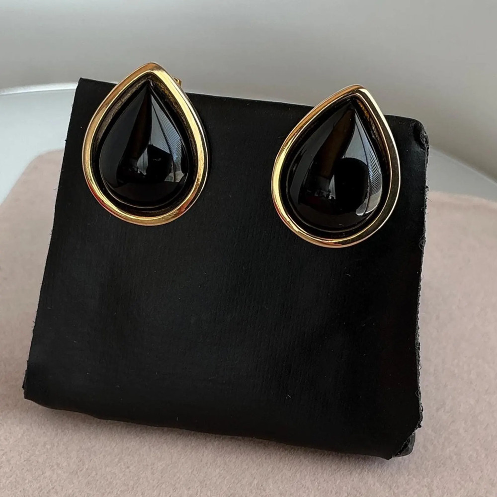 Antique Black Onyx Earrings Estate 14k Pear Vintage Oval Teardrop