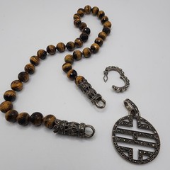Tigers Eye Marcasite Convertible Bead Necklace Vintage Asian Inspired Charm Boho