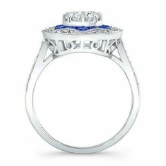 Art Deco Style Lab Created Diamond & Sapphire Anniversary 14K White Gold FN Ring