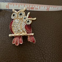 BROOCH GOLD TONE PIN RHINESTONE ENAMEL RED OWL BIRD