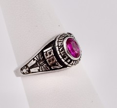 Vintage 1987 Women’s Class Ring Art Carved, Red Stone, White Metal Size 6