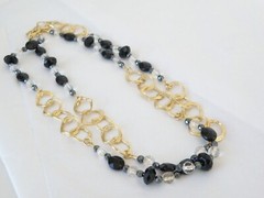 New Sterling Silver 925 Gold Over Black Stone Chunky Statement Necklace 36″