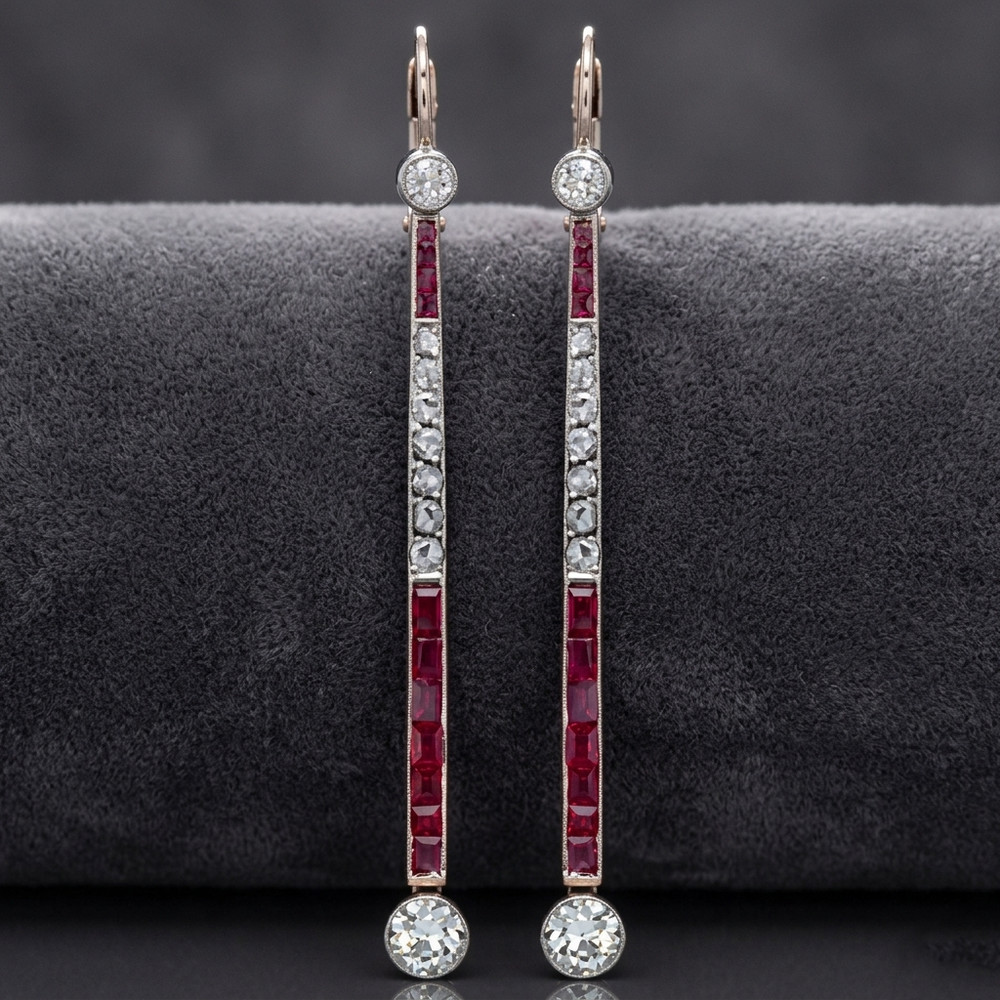 2Ct Art Deco Style Diamond & Ruby Wedding Anniversary 14K Gold Finish Earrings