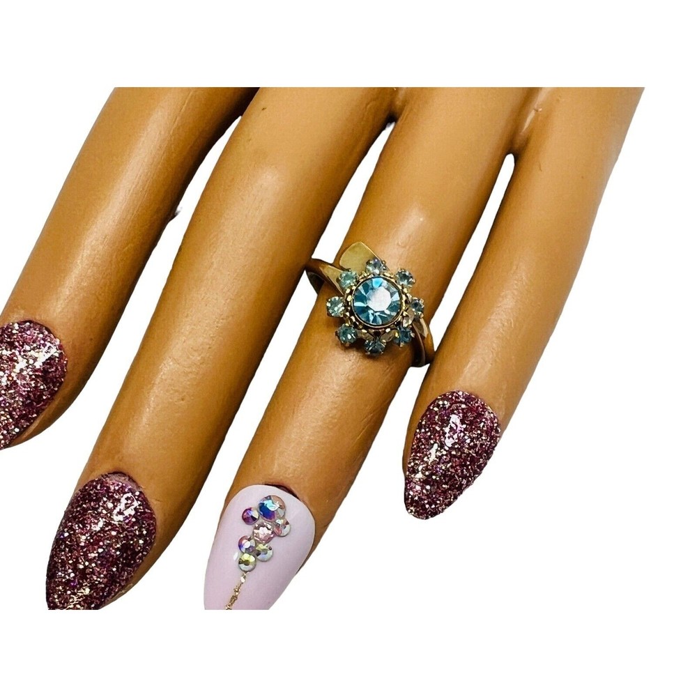 Vintage Cocktail Ring Blue & Clear Rhinestone Gems Gold Tone Bypass Band sz 5.5