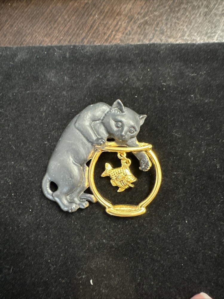 Vintage JJ Black And Gold Tone Cat Brooch. Fish In The Bowl.