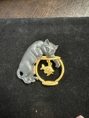 Vintage JJ Black And Gold Tone Cat Brooch. Fish In The Bowl.