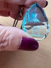 VINTAGE JAPAN MOUNT FUJI AQUAMARINE COLOR ETCHED CRYSTAL GLASS STERLING NECKLACE