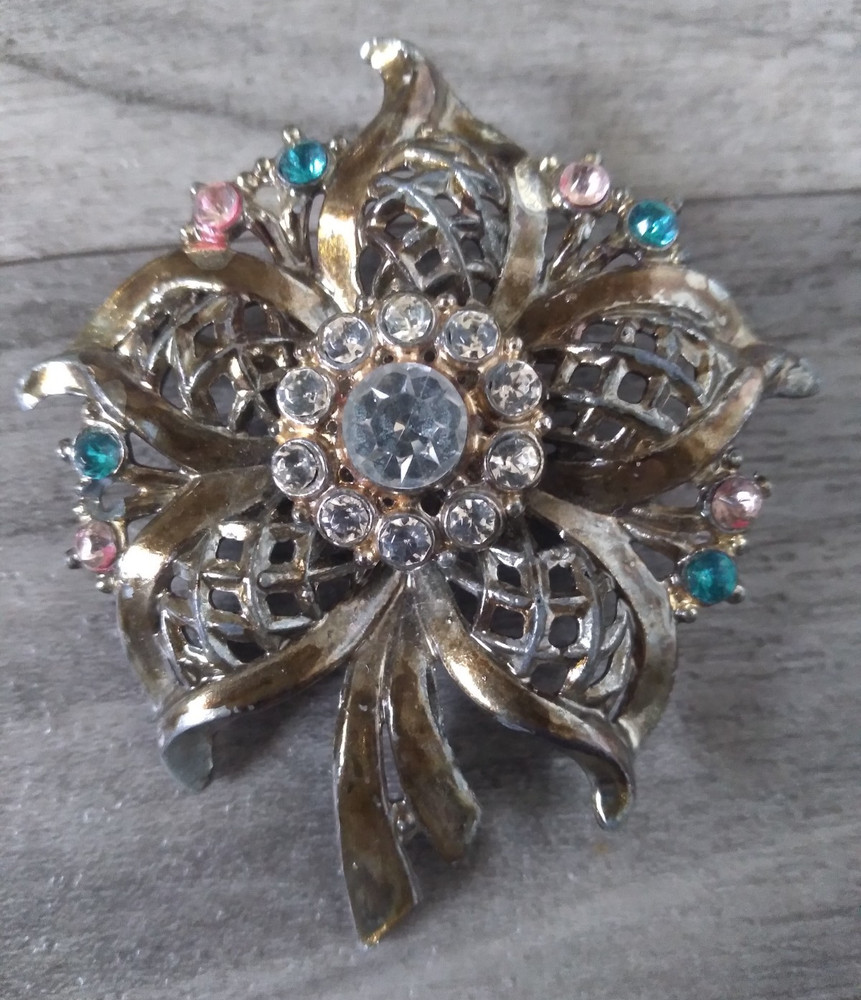 Floral Rhinestone Brooch 2.5in Vintage Pink Blue Clear Gold Tone Flower