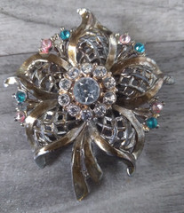 Floral Rhinestone Brooch 2.5in Vintage Pink Blue Clear Gold Tone Flower