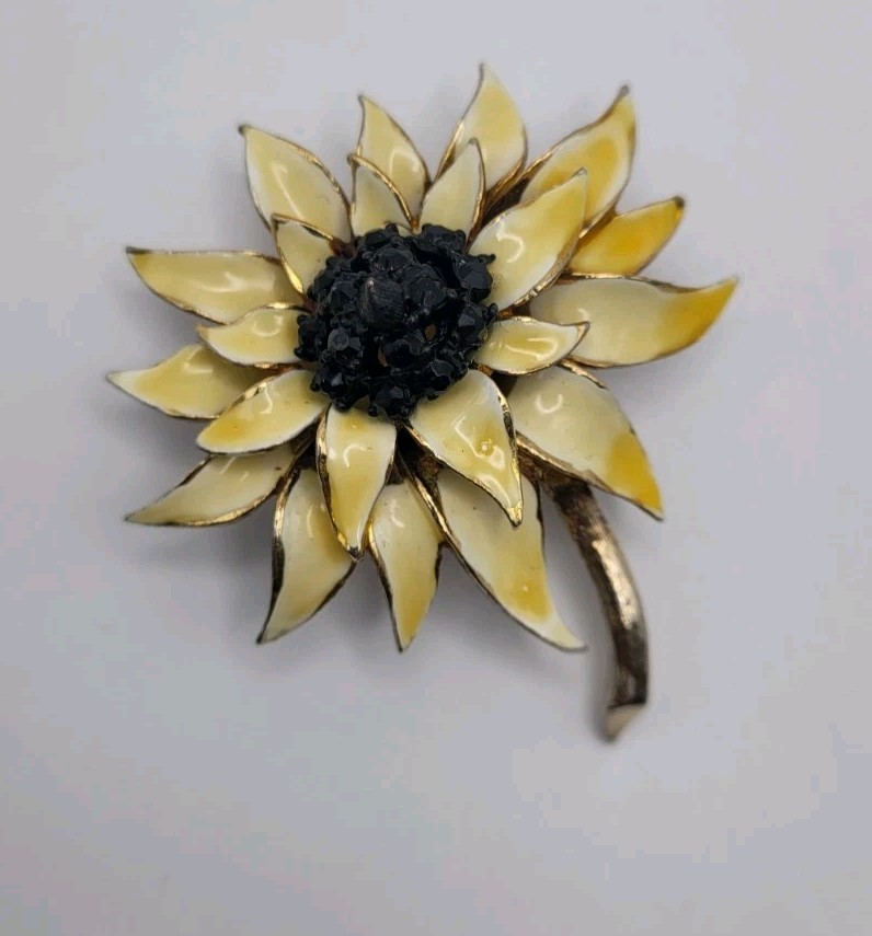 HAR Vintage Brooch Flower Yellow with Black Crystals MCM