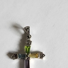 Sterling Silver 925 Cross Pendant With Baguette Cut Multicolored Gemstones