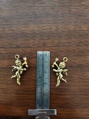 Set of 2 Vintage Gold Tone Brass Cherub Angel Pendant Charm Winged Cupid 1.25”