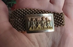 Antique *Damaged* Brass Mesh Link Bracelet Rectangle Clasp People Scene 7″