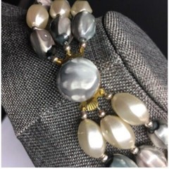 Necklace Clip On Earrings Grey Gray Vintage Triple Strand Silver Gold Push Clasp