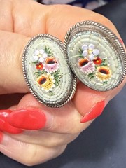 Vintage Pink Green Yellow Micro Mosaic ALP Clip Earrings Flower Shabby Chic