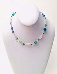 Stunning Sterling Silver Blue Green Art Glass Rock Crystal Necklace 18” 925/1000