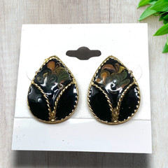 Vintage 1980s Black Swirl Enamel Gold Tone Pierced Earrings Teardrop Modernist