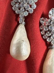 Elegant Large Vintage Rhinestone Inset Dangle Faux Pearl Drop Earrings